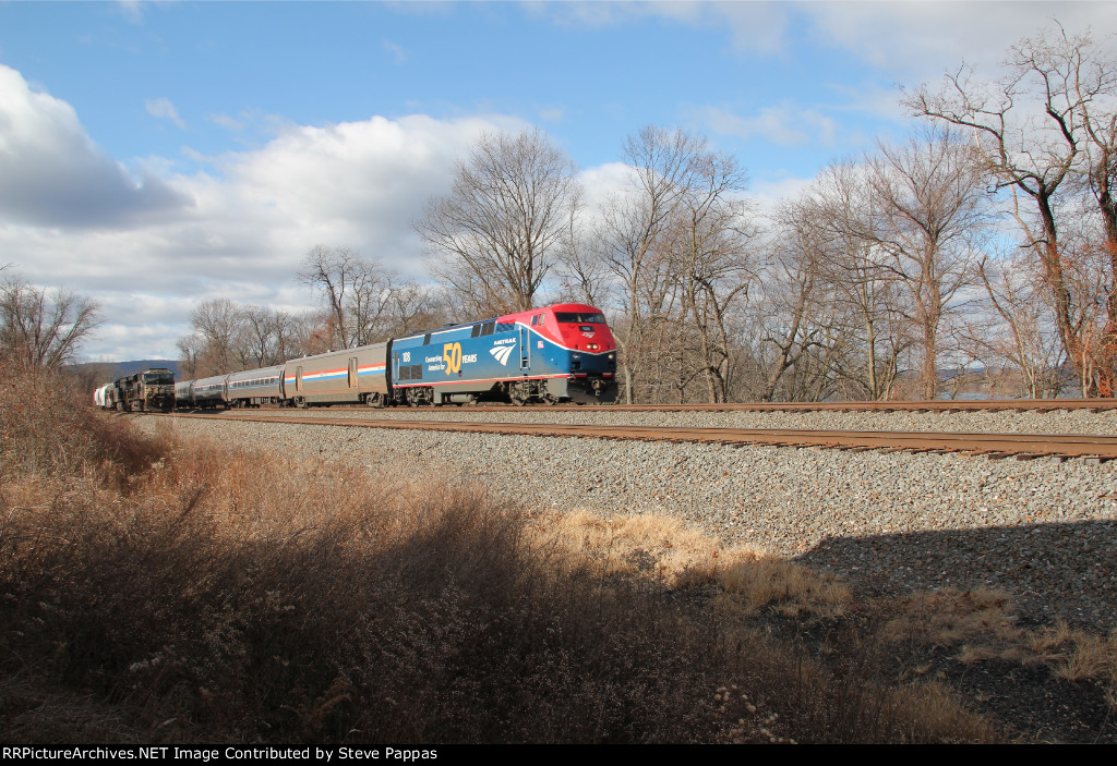 Amtrak 108 leads train 14 past a stopped NS train 18N at MP116